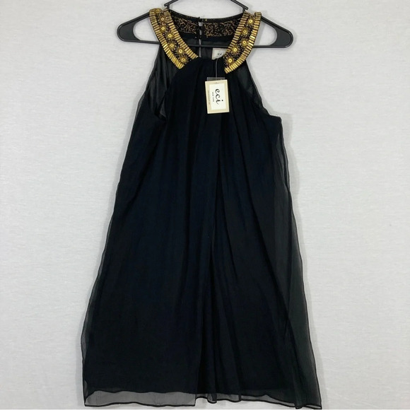 NEW ECI New York Black Gold Embellished 100% Silk Dress size 2 - Picture 1 of 9